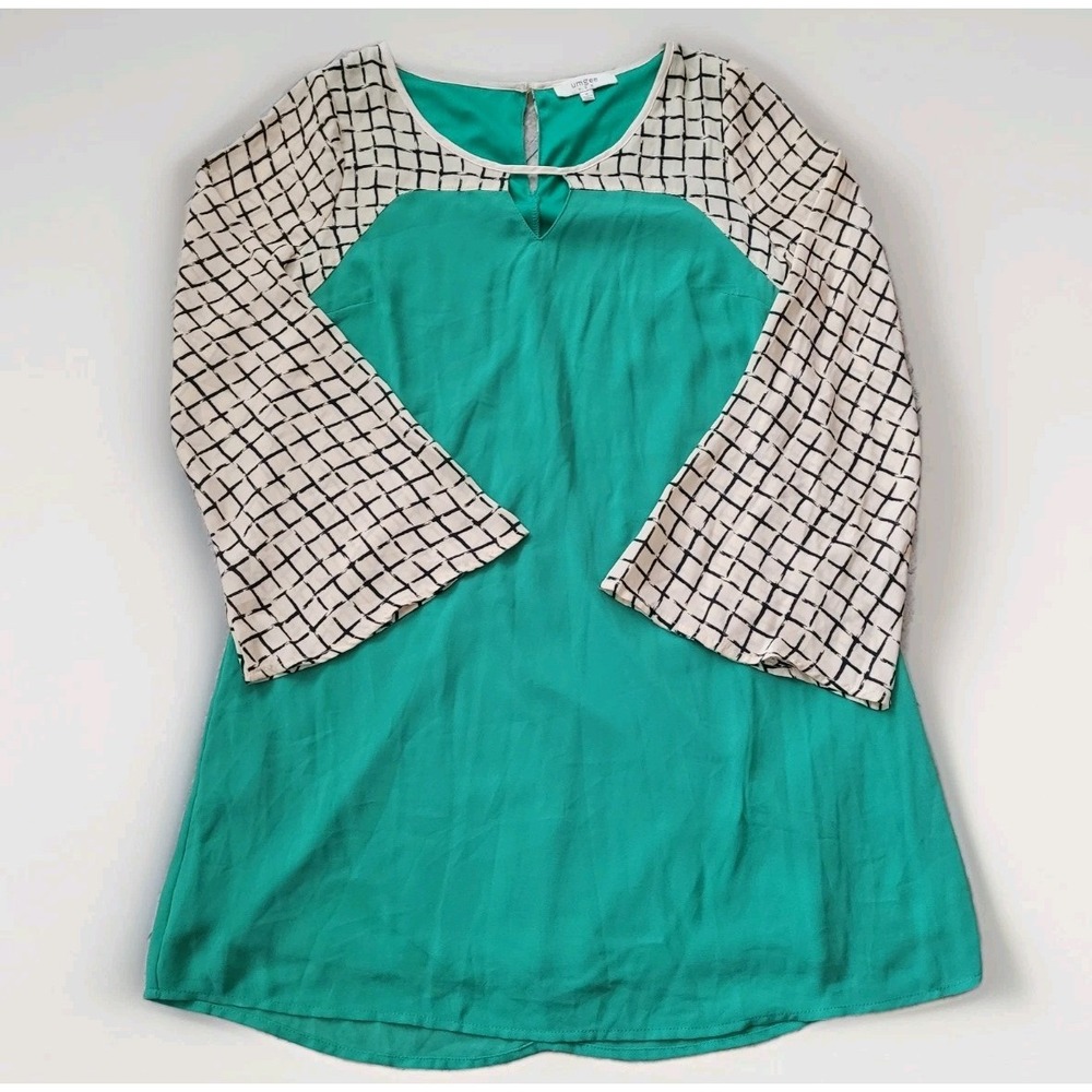 Umgee Boho Abstract Print Color Block Tunic Dress Kelly Emerald Green Size Small